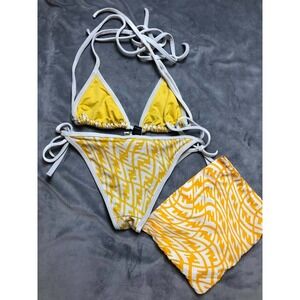 Authentic FENDI FF Print Bikini Yellow White Triangle Tie IT 38 Small With Pouch